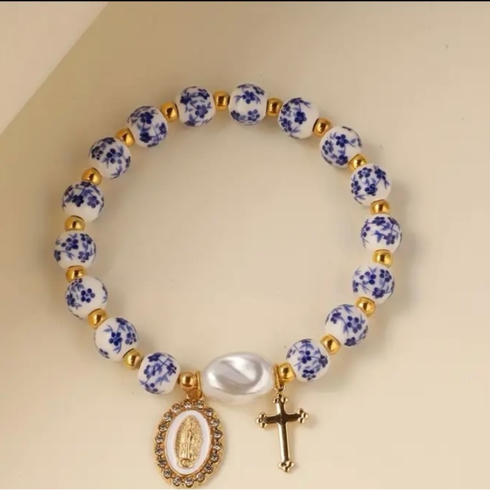 Blue & White Floral Bead Bracelet with Gold Cross and Medallion
